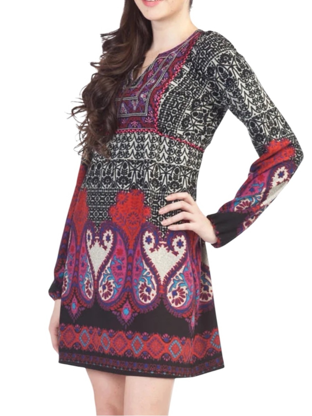 PAPILLON Long-sleeve Paisley Pattern Embroidered Dress Tunic Boho Size Medium